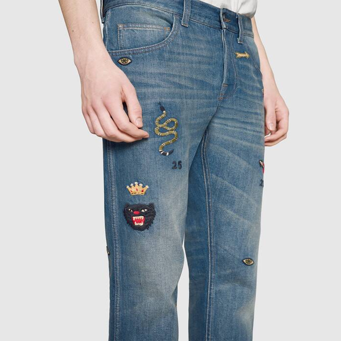 Image 2 of グッチシンボルテーパードデニムパンツ刺繍ジーンズインディゴプレゼント  408637 D836 4271