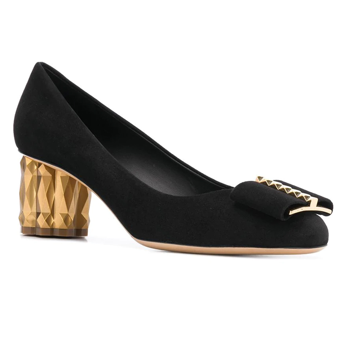 フェラガモレディシューズ 0715154 SU-K NERO Women's Capua Suede Block-Heel Pumps in Black