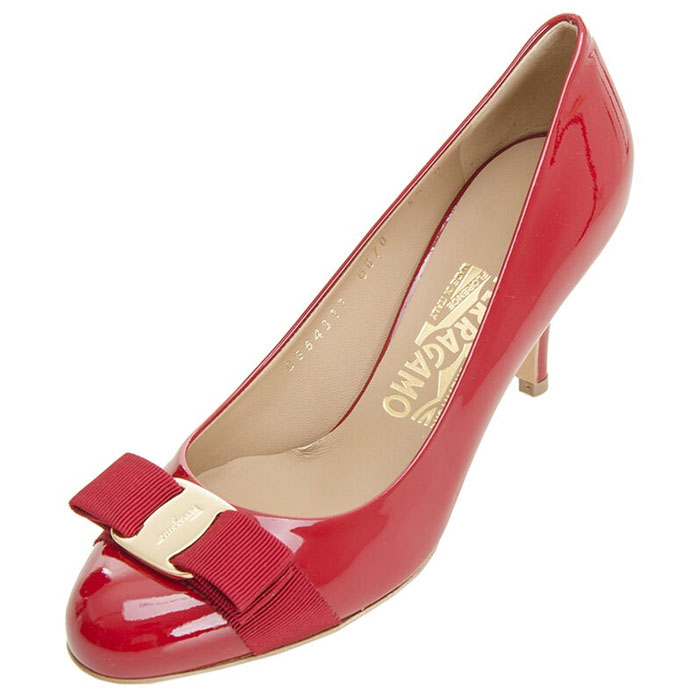 Image 1 of フェラガモレディシューズ 0584309 PATENT-CALF ROSO Mid Heel Pumps in Rosso/Gold