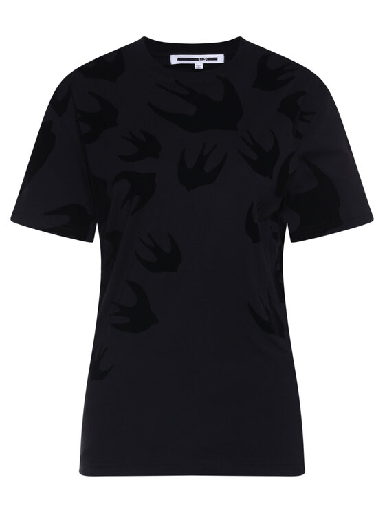 アレキサンダー マックイーンレディースツバメ柄のブラックTシャツ 318978 LT73 1000