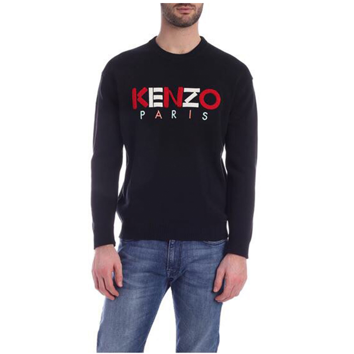 Image 4 of ケンゾー メンズ 長袖 コットン ニット クルーネック ロゴ 刺繍  5PU217 3LC BLK