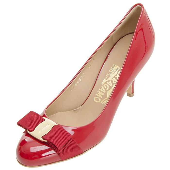 Image 4 of フェラガモレディシューズ 0584309 PATENT-CALF ROSO Mid Heel Pumps in Rosso/Gold