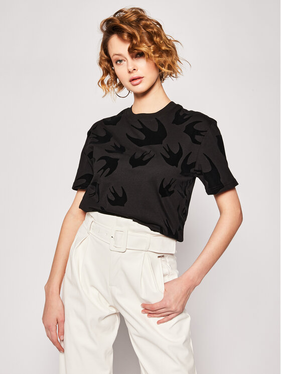 Image 3 of アレキサンダー マックイーンレディースツバメ柄のブラックTシャツ 318978 LT73 1000